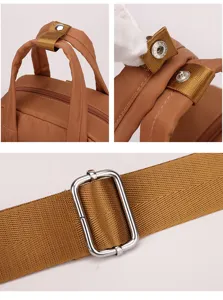 Nylon backpack detail shot featuring durable fabric, sturdy handles, and metal hardware.