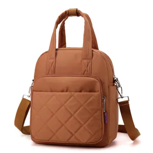 Quilted nylon backpack for women, stylish brown shoulder bag with top handle and compartments.