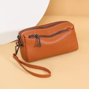 Genuine leather women crossbody phone bag, stylish multi-zipper wristlet coin purse.