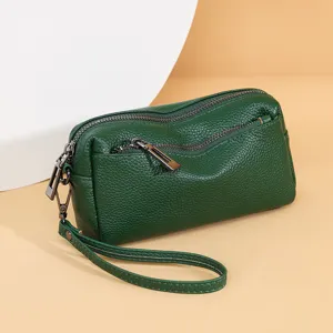 Dark green genuine leather clutch bag for women, multi-zipper pocket design with wrist strap.