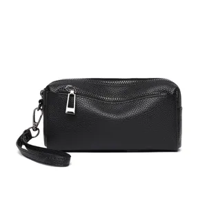 Black genuine leather women clutch bag zip phone purse casual small handbag new style