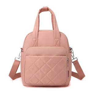 Pink quilted nylon backpack for women casual convertible shoulder bag travel daypack