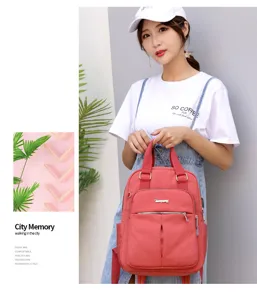 Women casual nylon backpack large capacity travel school bag red daily use stylish daypack
