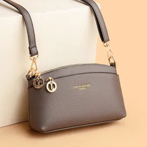Women gray leather crossbody shoulder bag casual shell purse with gold hardware details