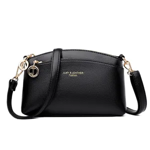 Womens Black Leather Crossbody Shoulder Bag Casual Shell Handbag with Gold Hardware