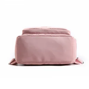 Women pink casual backpack bottom detail view, durable nylon school travel daypack.