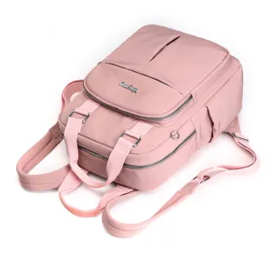 Pink casual backpack for women, large capacity travel school computer bag with USB port.