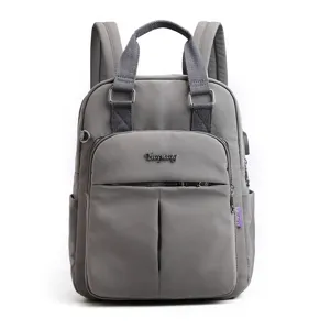 Casual gray backpack for women with USB charging port, large capacity travel school bag.