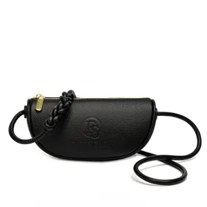 Black genuine leather crescent shoulder crossbody bag for women, stylish minimalist Korean fashion.