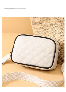 Genuine leather quilted crossbody bag for women, stylish compact shoulder bag with wide strap.