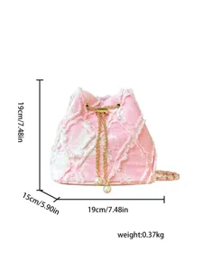 Pink denim bucket bag with quilted stitching, chain drawstring and pearl decor for women.