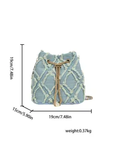 Stylish denim bucket bag with diamond pattern, chain strap, and elegant pearl pendant.