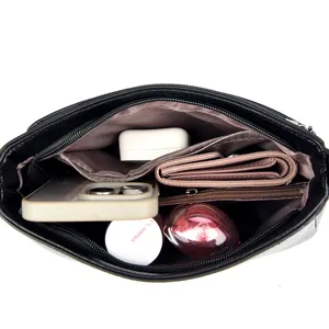 Black women crossbody shoulder bag interior large capacity multi-pocket storage view