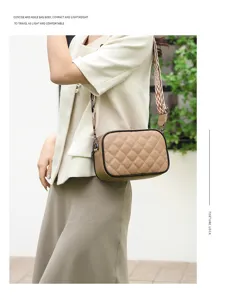 Stylish quilted crossbody bag for women, PU leather small square shoulder bag with wide strap.