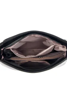 Detailed interior view of a women's black shoulder bag with multiple zippered compartments.