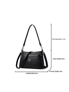 Classic black leather shoulder bag for women, multi-pocket design with top handle and adjustable strap.