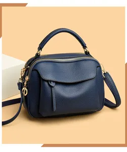 Stylish blue leather women handbag with top handle and crossbody strap, multi-functional design.