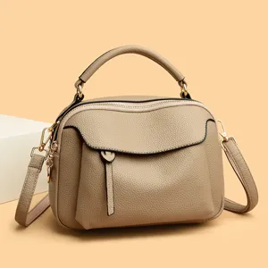 Stylish casual women soft leather handbag large capacity crossbody shoulder bag khaki