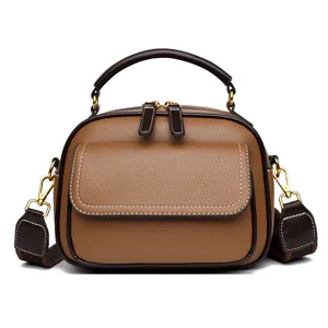 Brown leather shoulder bag for women, stylish minimalist multi-layer crossbody handbag with top handle.