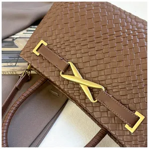 Brown woven leather handbag detail, stylish shoulder messenger bag for women new.