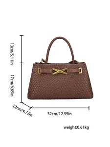 Brown woven handbag with top handle and metallic buckle, elegant minimalist shoulder crossbody bag.