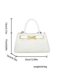Woven handbag detail view showing precise dimensions 32x17x12cm and weight 0.61kg.