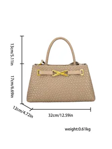 Stylish woven handbag for women with top handle, elegant design and clear size details.