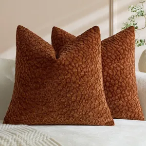 Soft textured chenille throw pillow cover, cozy rust brown cushion case detail view.