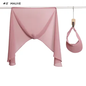Solid color chiffon hood scarf and matching empty top sun visor set in mauve, detail.