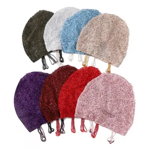 Luxury beaded mesh hat with tassel detail, multi-color elastic beanie for women, detail view