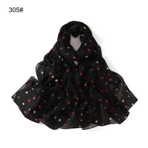 Écharpe en mousseline noire avec imprimé à pois colorés, long design élégant pour femmes.