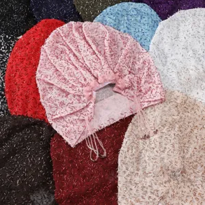 Beaded mesh turban hat for women, elastic adjustable headwear, stylish hair accessory.