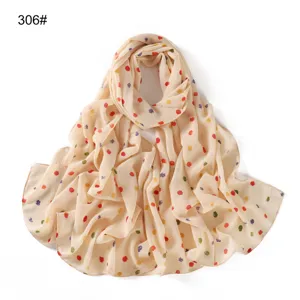 Foulard en mousseline à pois colorés, long châle élégant et drapé pour femmes, accessoire léger.