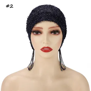 Beaded mesh turban cap with tassel fringe, elastic headwrap for women daily use.