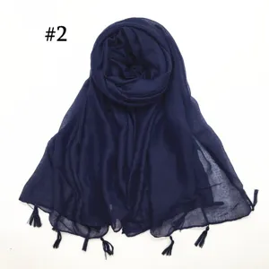Solid dark blue voile scarf with tassels, lightweight breathable women shawl headscarf
