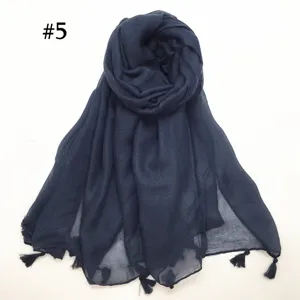 Navy blue lightweight voile scarf with tassels, breathable solid color shawl for women.