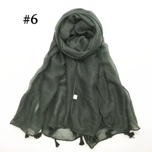Dark green thin voile scarf with delicate tassel fringe, breathable lightweight design.