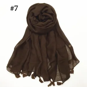 Solid color breathable thin voile scarf with hanging tassels, elegant brown hijab shawl for women.