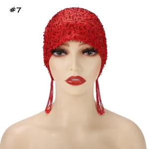 Red beaded net mesh cap with tassel fringe, luxury elastic bonnet for women accessory.