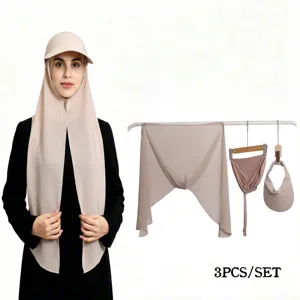 Set Hijab Musulmano 3 Pezzi Cappuccio in Chiffon Perlato Con Visiera Sotto-cappello Tinta Unita Elegante Sciarpa Parasole Donna Accessori