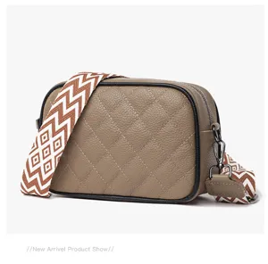 Quilted leather camera crossbody bag for women with wide geometric pattern strap, khaki daily purse.