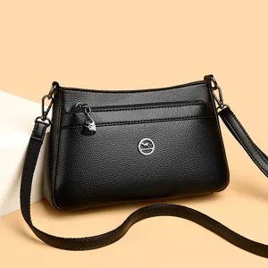 Classic black leather women's shoulder bag with crossbody strap and front zipper pocket.