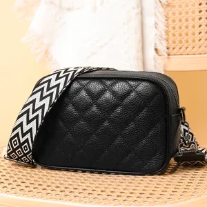 Women Genuine Leather Crossbody Bag Quilted Small Square Bag Fashion Wide Strap Shoulder Bag Urban Minimalist Handbag