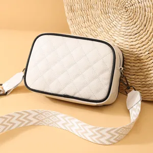 Fashion white quilted leather crossbody bag with wide strap, trendy chic shoulder bag for women.