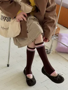 Retro brown stirrup socks for women, chic striped winter cotton knee-high fashion hosiery