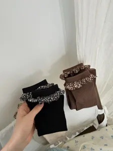 Floral ruffles mid-calf socks women casual knitted hosiery black and brown detail view