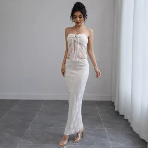 White lace strapless crop top and long skirt two-piece set, elegant vacation resort wear.