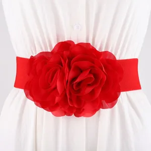 Detalle en primer plano del elegante cinturón elástico de flores rojas en vestido.