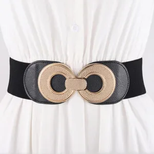 Cinturón de cintura elástico ancho de mujer con hebilla metálica redonda para vestidos.