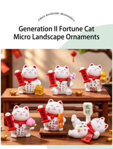 Detailed close-up of cute lucky cat micro landscape resin figurine set with festive decorations.